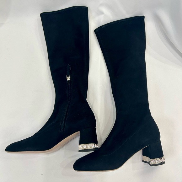 Miu Miu Black Knee-High Suede Boots with Crystal-Trim Block Heel - Picture 3 of 14